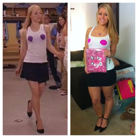 DIY Regina George Halloween Costume, College Halloween Costume,  You need... 1. white tank top 2. black skirt 3. pointed toe heels 4. "R" necklace 5. Purple-ish colored bra 6. A pink scrap book.  Whala,  Cut two holes in your white tank top and google the burn book and re-create it to your best ability! For my burn book i used puffy paint and black sharpie as well as a little bit of black eye shadow to give it that aged look. Regina George Halloween Costume, Regina George Halloween, Regina George Costume, Dany Targaryen, Easy Last Minute Halloween Costumes, Mean Girls Costume, The Runaways, Aladdin Sane, College Halloween