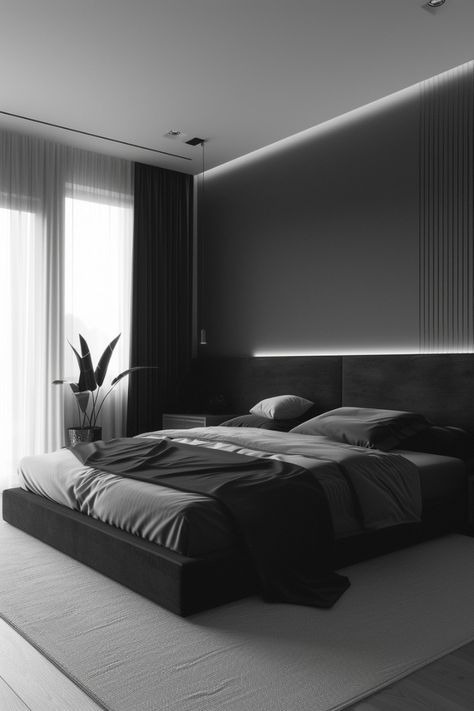 Black White And Grey Bedroom, Bedroom Ideas Men, Monochrome Bedroom, White Bedroom Design, Fantasy Bedroom, White Room Decor, Mens Bedroom, Black Bedroom, Gray Bedroom