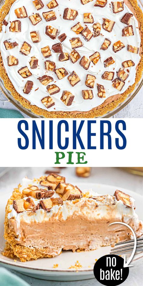 With just 5 ingredients you can make this delicious frozen Snickers Pie for friends and family! A slice of this ice box pie is full of real pieces of Snickers bars topped with cold cool whip for a creamy summer dessert. Frozen Pie Recipes, Ice Box Pie, Gooey Desserts, Snickers Pie, Cool Whip Pies, Viral Recipes, Icebox Pie, Shugary Sweets, Frozen Pie