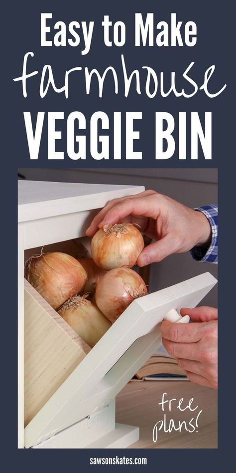 Get your potatoes and onions organized with this DIY farmhouse vegetable storage bin! The tilt-out drawers with rustic wire mesh are the perfect place to store root vegetables. It's an easy weekend project for DIYers of any skill level. #sawsonskates. Potato Bin Diy, Potato Storage Bin, Diy Vegetable Storage, Diy Vegetable Storage Bin, Potato And Onion Bin, Vegetable Storage Bin, Potato Bin, Onion Storage, Potato Storage