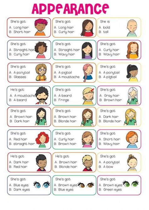 This is a fun ESL worksheet to practice talking about someone's appearance. Primary 1 English Worksheet, Primary School English Activities, What Are You Doing, Activities For Primary School Kids, English Teaching Ideas, English Exercises For Kids, Appearance Worksheet, Speaking Activities English, Teach English To Kids