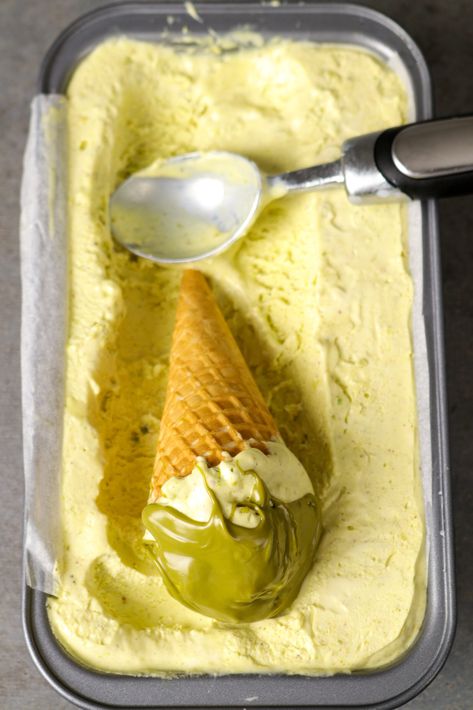 Pistachio Ice Cream (No Churn) Pistachio Kulfi, Recipe Condensed Milk, Pistachio Ice Cream Recipe, Pistachio Cardamom, Ice Cream No Churn, Roasted Pistachios, Pistachio Dessert, Churn Ice Cream, Pistachio Recipes