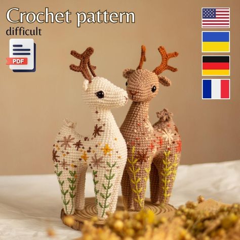 Flower Deer Amigurumi Pattern, Crochet Animal Pattern eng, Ukr, Ger, Fr - Etsy Deer Amigurumi, Crochet Decorations, Crochet Deer, Toy Crochet, Fall Craft, Crochet Animal, Crochet Lessons, Crochet Animal Patterns, Crochet Toy