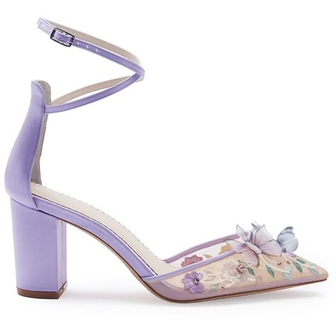 An irresistible Garden of Eve butterfly block heels with lavender silk shading and thread embroidery in intertwining floral beads. Your hearts with aflutter as you see the chiffon butterflies nestled among the explosion of lavender pastel hues. Stay secure with the double ankle strap and the comfortable 3 inch block heel, perfect for garden weddings and parties. Handmade, extra padding for all-day comfort Reviews say fit true to size Heel height: 3 in / 7.6 cm Color: Lavender Material: Silk uppe Quinceanera Purple Heels, Quince Heels, Butterfly Block, Lilac Heels, Garden Of Eve, Lavender Heels, Quinceanera Shoes, Garden Blocks, Butterfly Heels