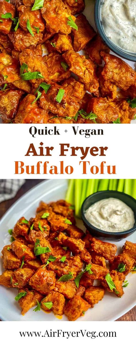 These Air Fryer Buffalo Tofu bites are spicy, flavorful, and the perfect easy vegan substitute for chicken wings. Serve them with a side of vegan ranch or blue cheese dressing as a main dish or a party appetizer! Vegan Buffalo Wings, Vegan Buffalo Sauce, Tofu Bites, 2024 Meals, Buffalo Tofu, Tofu Chicken, Bbq Tofu, Vegan Pantry, Recipes Savory