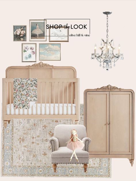 Welcome to our vintage ballerina nursery! Delicate charm meets timeless elegance with our dreamy art collection, ornate crib and armoire, dazzling crystal chandelier, lush oriental rug, plush ballerina doll, and cozy linen armchair. Every detail twirls together in perfect harmony! Follow my shop @OliveHillandVine on the @shop.LTK app to shop this post! Ballerina Nursery, Nursery Decor Inspiration, Vintage Ballerina, Ballerina Doll, Nursery Room Inspiration, Linen Armchair, Dreamy Art, Future Baby, Crystal Chandelier