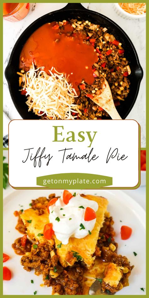 This Easy Jiffy Tamale Pie is a simple, super flavorful one-pan meal! A delicious mixture of meat, veggies, and enchilada sauce is topped with an easy, cheesy cornbread (from Jiffy mix!), then baked until golden brown. Pile on your favorite toppings and enjoy! This dish can also be made ahead and frozen and is perfect for busy weeknights! Jiffy Tamale Pie Recipe, Tamale Pie With Jiffy Cornbread, Jiffy Tamale Pie, Easy Tamale Pie, Mexican Recipies, Easy Tamales, Tamale Pie Recipe, Tamale Casserole, Cheesy Cornbread