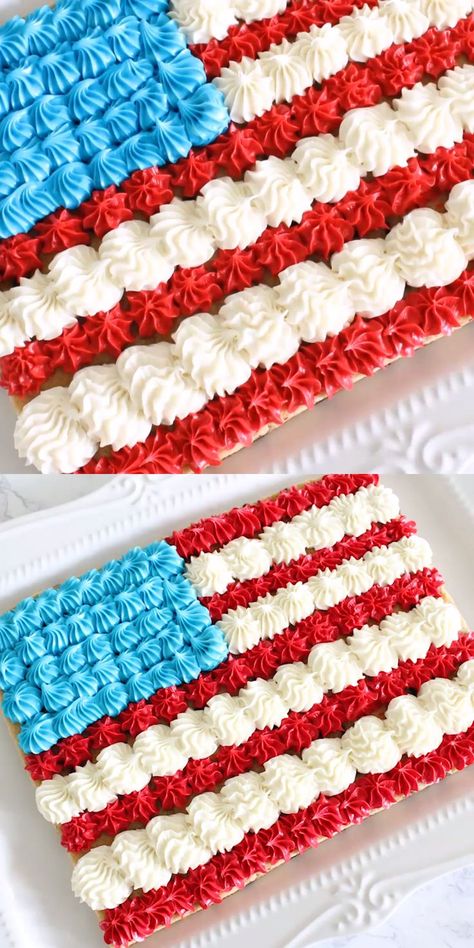 The EASIEST Ever Cookie Cake Recipe that's Flag Inspired for the 4th of July, Memorial Day and Labor Day! Don't miss this Easy Dessert Idea for your next Patriotic Party Flag Cookie Cake, American Flag Cookies, Easy Dessert Idea, Memorial Day Foods, Fourth Of July Cakes, Flag Cake, Patriotic Food, Patriotic Desserts, 4th Of July Cake