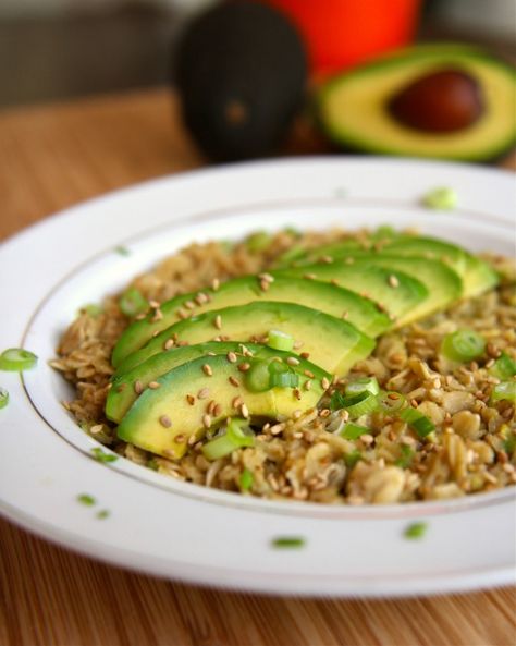 California Avocado Oatmeal with Coconut Milk, Brown Sugar, Soy Sauce, Green Onion, Sesame and Chia Seeds. Oatmeal With Coconut Milk, Avocado Oatmeal, Oatmeal Recipe, Green Onion, Oatmeal Recipes, Meat Free, Food Obsession, Sweet Savory, Sesame Seeds