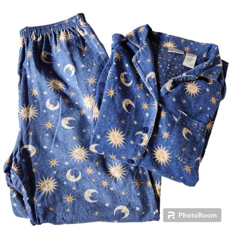 Vintage 90s 2000s Delicates Celestial Sun Moon Stars... - Depop Sun Moon Clothes, 90s Moon And Stars, Vintage Pj Set, Vintage Pajamas Aesthetic, Whimsigoth Pajamas, 90s Pyjamas, Celestial Pajamas, 90s Celestial Aesthetic, Sun And Moon Outfit