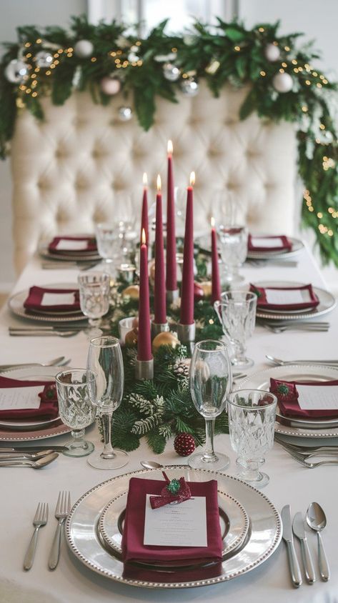 Clean lines, neutral tones, and natural materials such as wood, metal, and wool Burgundy And White Centerpieces, Gold And Burgundy Christmas Decor, Burgundy Christmas Table Decor, Burgundy Christmas Table, Burgundy Table Setting, Burgundy Tablescape, Christmas Wedding Table Decor, Candlelit Centerpieces, Burgundy Christmas Decor