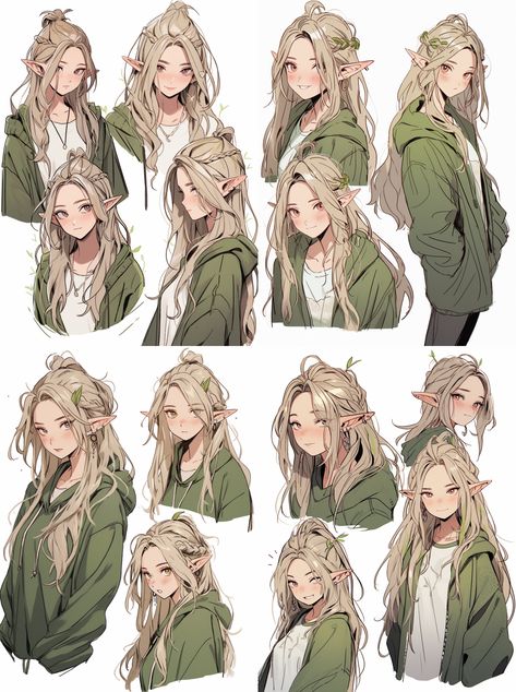 blonde, long hair, elf ears, green Elf Ear Reference Drawing, How To Draw Elf Ears, Elf Hair Drawing, Long Hair Drawing Reference Girl, Elf Hair Styles, Elf Hairstyles Drawing, Blond Elf Male, Elf Anatomy, Long Anime Hair Reference