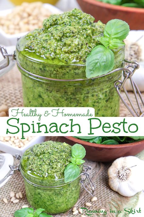 Spinach Pesto - Easy & Healthy pesto recipe with fresh spinach and a small amount of basil to keep the flavor. Made with pine nuts but you can substitute almonds, cashews, or pecans. A healthy twist on traditional pesto that's so simple to make. Serve as a sauce, dip or topping for pasta, spaghetti, sandwiches, meat, fish, shrimp and more. You don't taste the spinach! Spinach Pesto Recipe, Pasta Fish, Spinach Pesto, Homemade Pesto, Spinach Recipes, Vegetable Drinks, Pesto Recipe, Clean Food, Pesto Sauce