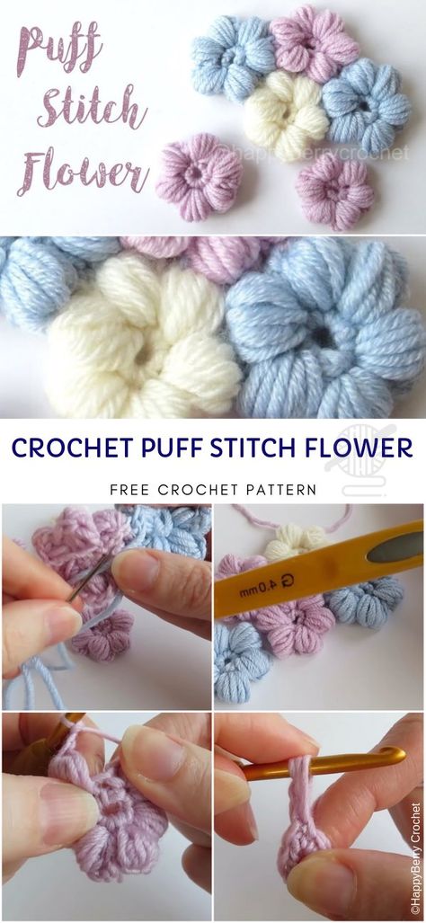 How to crochet Cute flowers puff stitch Flower Puff Crochet, Crochet Flowers Tutorial, Diy Crochet Flowers Tutorial, Kitty Amigurumi, Crochet Quilt Pattern, Diy Crochet Flowers, Puff Stitch Crochet, Puff Flower, Crochet Puff Flower