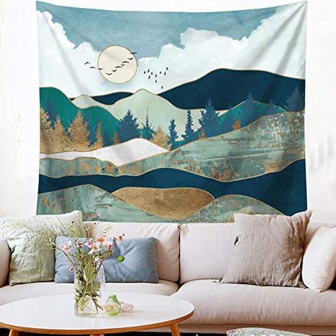 Thomas Bedroom, Room Nature, Mountains Sunrise, Tapestry For Bedroom, Girl Dorms, Mountain Tapestry, Landscape Blue, Gold Tapestry, Bedroom Blue