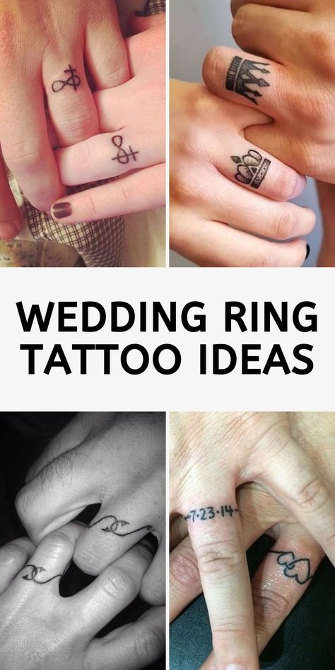 Express your enduring commitment with our curated selection of 20 mesmerizing wedding ring tattoo ideas. Crafted for couples who want to etch their love story into eternity, our collection features designs that resonate with both men and women. Dive into our selection and find the perfect tattoo to symbolize your everlasting devotion and unity. Men Ring Tattoo Wedding, Matching Ring Tattoos, Matching Finger Tattoos Couples, Wedding Anniversary Tattoo Ideas, Wedding Band Tattoo For Her, Ring Tattoo Designs Wedding, Couple Ring Tattoos, Couples Finger Tattoos, Ring Tattoo For Men