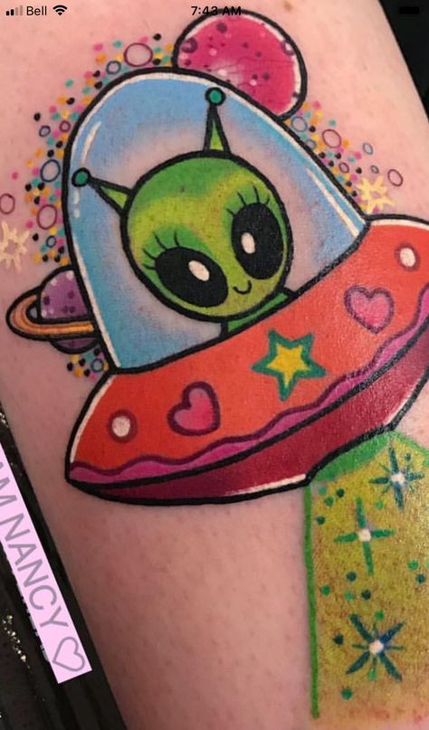 Spaceship Tattoo, New Tattoo Styles, Cow Abduction, Brighton Tattoo, Ufo Tattoo, Care Bear Tattoos, Cow Tattoo, Parent Tattoos, Planet Tattoos