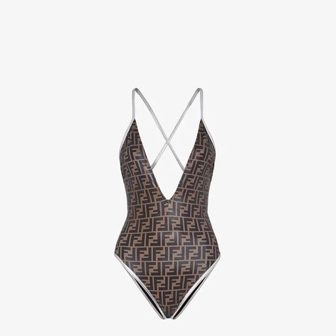 Brown Lycra® one-piece swimsuit - SWIMSUIT | Fendi Swimsuit Material, Luxury Swimwear, Cute Swimsuits, Dope Outfits, Bags Accessories, Online Fashion, Criss Cross, One Piece Swimsuit, Bathing Suits