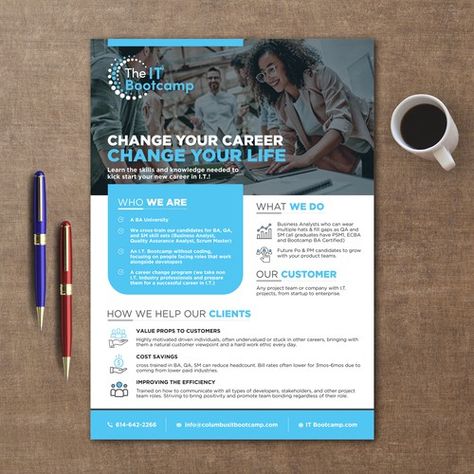 It bootcamp one page sell sheet design | Other business or advertising contest | 99designs One Sheeter Graphic Design, Sell Sheet Design Inspiration, Sell Sheet Design, One Pager Design, One Pager, Sheet Design, Packaging Design Trends, Brand Assets, Flyer Layout