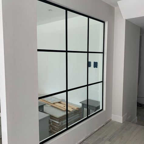 Window Internal Wall, Half Wall Glass Partition, Interior Pass Through Window, Internal Glass Window, Interior Windows Between Rooms Hallways, Internal Window Ideas, Internal Windows Between Rooms, Window In Wall Between Rooms, Internal Glass Wall