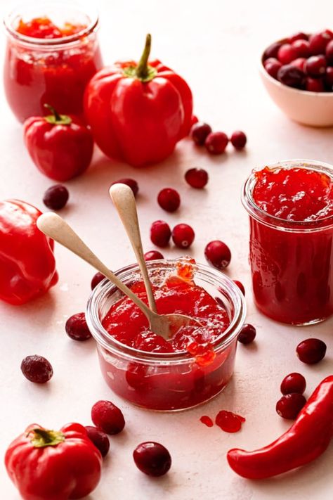 Cranberry Pepper Jelly | Love and Olive Oil Cranberry Pepper Jelly Recipe, Cranberry Pepper Jelly, Spicy Cranberry Sauce, Pepper Jelly Recipe, Pepper Jelly Recipes, Jelly Sweet, Red Pepper Jelly, Ruby Red Color, Jelly Recipe