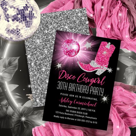 Cowgirl 21 Birthday Party, Pink Disco Cowgirl, 21 Birthday Party, Disco Mirror, 60th Birthday Party Invitations, 70's Disco, 30th Birthday Party Invitations, 60 Birthday, 40th Birthday Party Invites