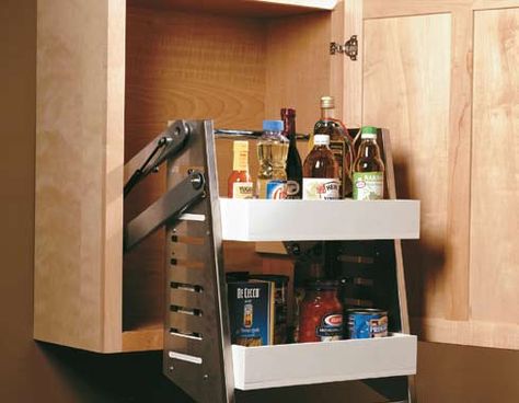 Pull-down Shelves (great for shorties like me) Pull Down Shelf, Under Cabinet Shelf, Shelf Kitchen Cabinets, Tall Kitchen Cabinets, Kitchen Cabinet Organization Ideas, Narrow Cabinet, Pull Out Shelves, Home Building Tips, Laundry Room Cabinets