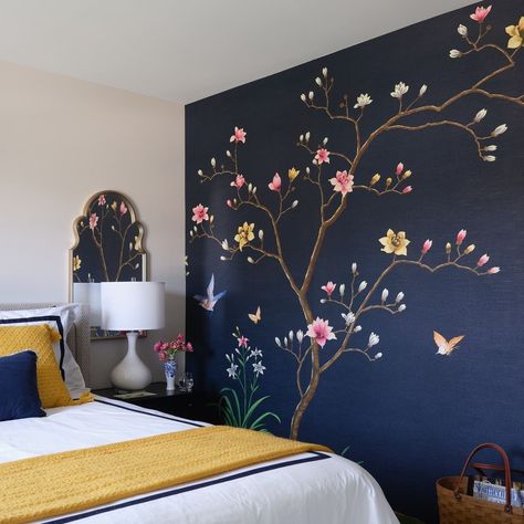 This guest room is complete with an elegant scenic mural accent wall where birds and butterflies dance amidst modern silhouettes of camellia and magnolia trees. 🌿🦋⁠ ⁠ It's the perfect spot for our client to welcome her guests while they visit and to provide them a peaceful retreat in her newly designed home. ⁠ ⁠ Interior Design || @TwoNavyLaneInteriors⁠ Photographer || @frazier.springfield⁠ Photography Stylist || @charlottesafavi⁠ Wallcovering || @phillipjeffriesltd⁠ Guest Room Interior Design, Scenic Mural, Yellow Bedroom Decor, Birds And Butterflies, Bedroom Design Inspiration, Bedroom Murals, Yellow Bedroom, Magnolia Trees, Perfect Bedroom