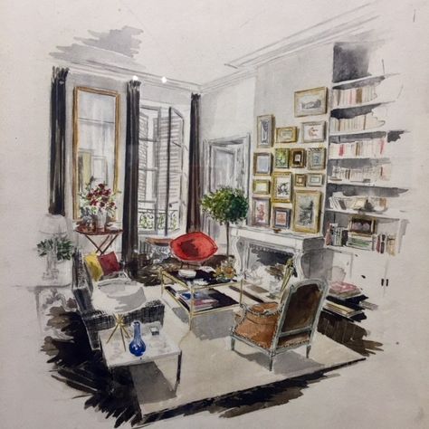 Watercolour Interior Design, Watercolor Interior Sketch, Watercolour Interior Drawing, Interior Architecture Sketch, Interior Sketches, Drawing Furniture, Drawing Room Interior, Interior Design Drawings, Watercolor Architecture