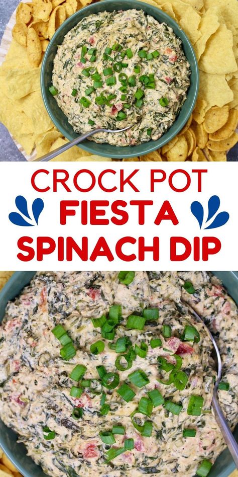 A Mexican Fiesta in a Spinach Dip, perfect for parties or game night. Fiesta Spinach Dip Crockpot, Rotel Spinach Cheese Dip, Crockpot Spinach Dip Rotel, Crockpot Rotel Spinach Dip, Crockpot Spinach Dip With Rotel, Crockpot Spinach And Rotel Dip, Spinach Rotel Dip, Spinach Queso Dip Crockpot, Rotel Spinach Dip