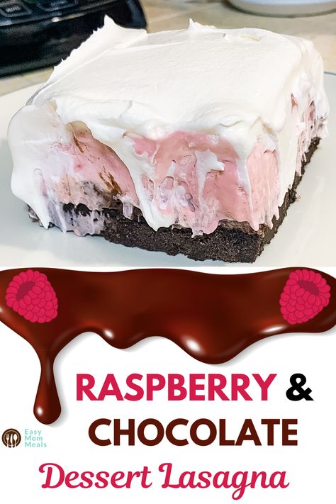 You'll love this easy raspberry dessert lasagna. With layers of raspberry cheesecake and decadent chocolate this no bake dessert will be a hit at home or a party. Perfect for any fan of dessert lasagnas or icebox cakes. #raspberrydessert #dessertlasagna #nobakedessert #dessertrecipe #raspberrycheesecake Raspberry Desserts Easy, Dessert Lasagna, Chocolate Pudding Cookies, Raspberry Dessert, Mom Meals, Raspberry Desserts, Chocolate Lasagna, Raspberry Chocolate, Raspberry Recipes