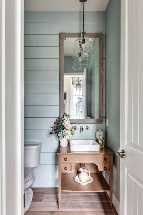 Modern french country home offers breathtaking interiors in Calgary Inspiration Wc, French Country Powder Room, Wood Floor Pattern, Designer Homes, Shiplap Bathroom, French Country Bathroom, Wood Parquet Flooring, Modern French Country, Country Bathroom