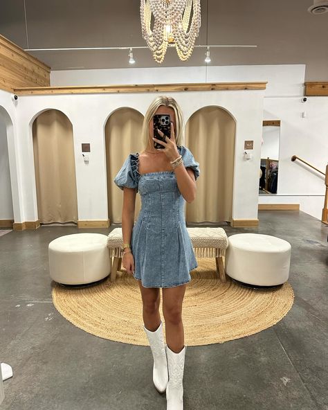 The country concert dress of your dreams! 🤠🤍 #ootd #minidress #countryconcertootd #yeehaw #denimdress Cowboy Boots Dress Outfit, Country Concert Dress, Concert Dress, Country Outfits Women, Dresses With Cowboy Boots, Concert Dresses, Cowgirl Dresses, Elastic Sleeves, Country Concert Outfit