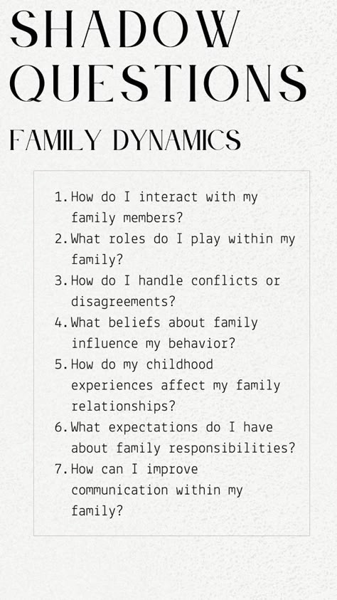 Improving Family Relationships, Communication Shadow Work, Writing Family Dynamics, Healing Family Relationships, Shadow Work Journal Prompts Self Worth, Shadow Work Questions Relationships, Shadow Questions, Family Prompts, Shadow Work Questions