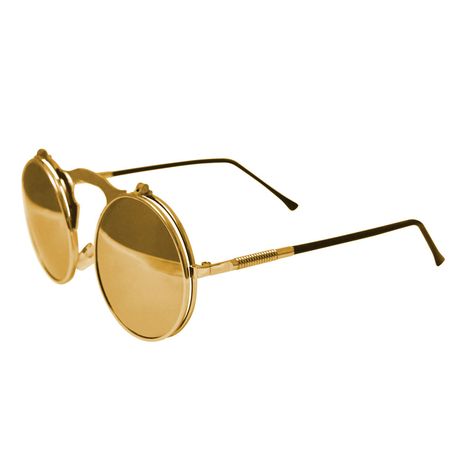 Gold glasses with gold mirror lenses Sleek Gold Sunglasses With Mirrored Lenses, Gold Retro Sunglasses With Mirrored Lenses, Retro Gold Sunglasses With Glass Lenses, Luxury Yellow Mirrored Lens Sunglasses, Circular Glasses, Gold Metal Sunglasses With Gradient Lenses, Gold Glasses, Metal Sunglasses, Cute Cosplay