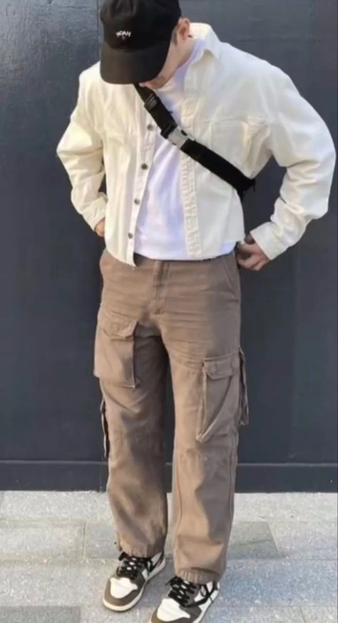 Brown And Cream Outfit Men, Cream Shirt Outfit, Cream Outfit Men, Brown Linen Pants Outfit, Khaki Pants Outfit Men, Linen Menswear, Pantalon Carhartt, Dark Khaki Pants, Grey Jeans Outfit