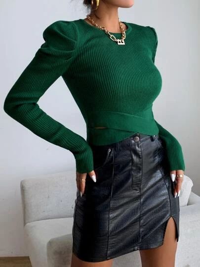 Cable Knit Lantern Sleeve Sweater | SHEIN USA Green Outfits For Women, Elegant Office Wear, Wrap Front Sweater, Bachelorette Cruise, Blue Turtleneck, Lantern Sleeve Sweater, Coachella Dress, Business Formal Dress, Casual Dressy