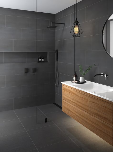 Dark Grey Tile Bathroom, Dark Grey Bathroom, Grey Bathroom Floor, Dark Gray Bathroom, Grey Bathrooms Designs, Trend Aesthetic, Gray And White Bathroom, Grey Bathroom Tiles, Bathroom Inspiration Modern