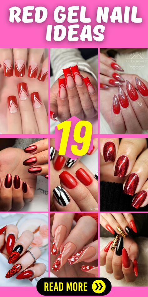 Elevate your nail game with red gel nails that boast short designs full of flair. Whether you're a fan of wine shades or you're drawn to the allure of dark cherry, these nails are a representation of classic beauty. Complement the look with almond-shaped nails that allow you to express your style with red gel polish in a trendy and captivating manner. Elevate your style with red gel nails that embody your unique allure. Red Gel Nails Designs Short, Red And Black Gel Nails Ideas, Red Gel Nails Ideas, Red Gel Nail Designs, Short Red Nails Ideas, Red Gel Nails Designs, Black And Red Nail Designs, Red Gel Polish, Matte Stiletto Nails