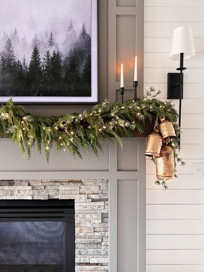 Garland On Mantle, Fireplace Candlesticks, Xmas Fireplace, Fireplace Garland, Pre Lit Garland, Holiday Mantle Decor, Mantle Garland, Pottery Barn Christmas, Holiday Mantle