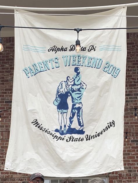 #parentsweekend #banner #adpi #greek #family Parents Weekend, Fraternity Banner Ideas Design, Moms Weekend Banner, Parents Weekend Sorority, Parents Weekend Banner, Family Weekend Banner, Sorority Family Weekend, Sorority Banner Ideas Design, Dads Weekend Banner Sorority