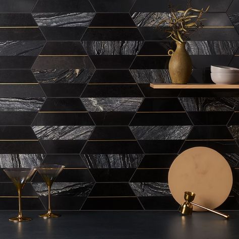 Buy Margo Black and Gold 9 inch Hexagon Polished Nero Marquina Marble and Brass Mosaic Tile | TileBar.com Black And Gold Tile Backsplash, Black Gold White Backsplash, Black And Gold Backsplash Kitchen, Black And Gold Backsplash, Black And Gold Tile, Dream Architecture, Agate Tile, Hexagon Marble Tile, Black Hexagon Tile