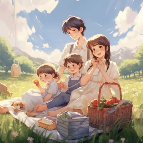 Family picnic time in Anime style Family Picnic Illustration, Langur Illustration, Anime Family Photo, Family Reference Poses, Family Aesthetic Art, Anime Family Portrait, Anime Picnic, White Hair Anime Guy, Cottage Painting