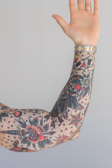 American Traditional Tattoo Sleeve Filler, American Traditional Full Sleeve, American Traditional Tattoo Filler, Tattoo Filler Ideas Men, Traditional Arm Filler Tattoo, Realism And Traditional Tattoo Sleeve, American Traditional Sleeve Filler, Traditional Tattoo Sleeve Mens, Old School Full Sleeve Tattoo