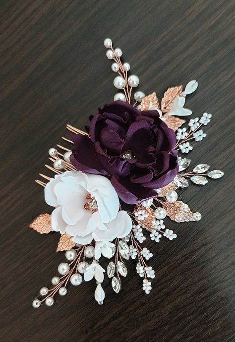 Purple Bridal Headpiece Rose Gold Wedding Hair comb Purple Bridal Flower comb Rose Gold Floral Wedding Headband Purple bridal hair piece This flower in the comb is made of natural silk. All parts of this decoration are light and flexible. If you need another color of a flower or metal, you can choose from a drop-down list. Complement your choice with accessories for bridesmaids (hairpins). This price is for the hair comb only. You can buy a full set of 5 items here: https://www.etsy.com/listing/ Rose Gold And Purple Wedding Dress, Deep Purple And Rose Gold Wedding, Purple And Gold Rustic Wedding, Purple And Gold Boutonniere, Rose Gold And Plum Wedding Theme, Rose Gold And Dark Purple Wedding Theme, Rose Gold And Purple Wedding Decorations, Purple Flower Headpiece, Dark Purple And Rose Gold Wedding