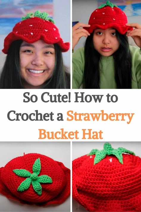 In this video tutorial, you will learn how to crochet an adorable Strawberry Bucket Hat! You can make it just for you or for gifting to a little child, just adapt the size to small, medium, or large, depending on what you're looking for. To complete this hat you need to know how to do a slip stitch, single crochet, half double crochet, double crochet, and front loops only, easy peasy! It's perfect for beginners and intermediate-level crocheters. Make a different but beautiful hat today, check... Crochet Strawberry Bucket Hat Free Pattern, Crochet Fruit Hat Pattern Free, Strawberry Hat Crochet Pattern, Crochet Bucket Hat Strawberry, Strawberry Crochet Hat Pattern, Crochet Bucket Hat Kids, Strawberry Hat Crochet Pattern Free, Strawberry Crochet Bucket Hat, Free Crochet Bucket Hat Pattern