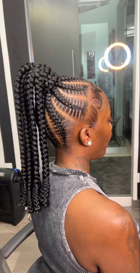 Upstreet Braids Hairstyle, Simple Braided Ponytail Hairstyles, Barrel Braids, Feedin Braids Ponytail, Updo Braids For Black Hair, Braided Up Ponytail, Hairstyle Cornrows, Ponytail Cornrows, Feed In Braids Ponytail