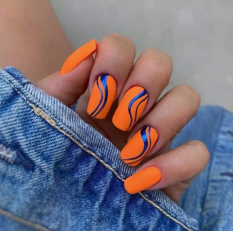 swirl nail designs Short Nail Designs Bright Colors, Orange Nails Design Summer, Blue Orange Nail Designs, Orange Nail Color Ideas, Orange And Blue Nails Ideas, Blue And Orange Nail Art, Blue Nails With Orange Design, Nail Ideas Orange And Blue, Bright Orange Nail Designs