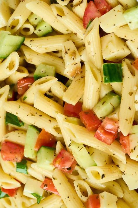 Cucumber and Tomato Pasta Salad Recipe : Heart's Content Farmhouse Cucumber Pasta, Cucumber Pasta Salad, Cucumber And Tomato, Fresh Tomato Pasta, Tomato Pasta Salad, Dip Recipes Appetizers, Easy Pasta Salad Recipe, Pasta Sides, Cold Pasta Salad