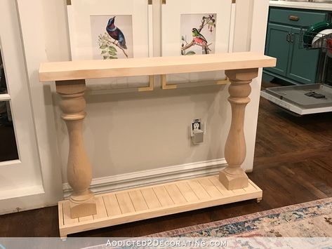 Very Simple DIY Console Table With Turned Wood Columns Pedestal Leg Console Table, Diy Foyer Table Entryway, Small Entry Way Table Diy, How To Make A Console Table Diy, Entry Way Table Diy, Decorating A Console Table, Diy Console Table Entryway, Console Table Diy, Diy Entry Table